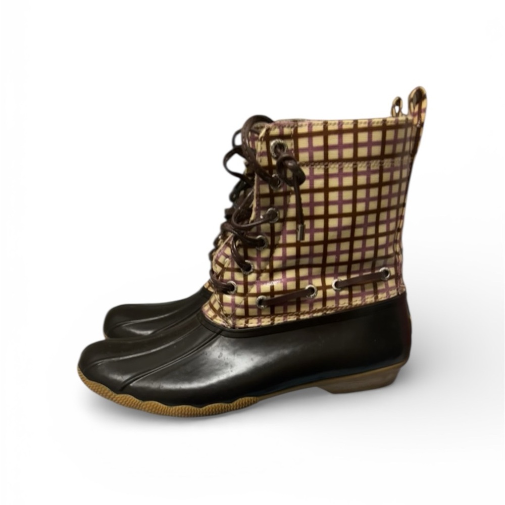 Sperry Brown and Cream Checkered Lace-Up Rain Boots